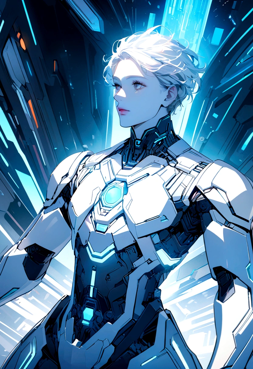 Generate an image similar to Disney's Tron, but with light only with the color white, a futuristic image that represents technology, that has a male character, I want a clean and minimalist image