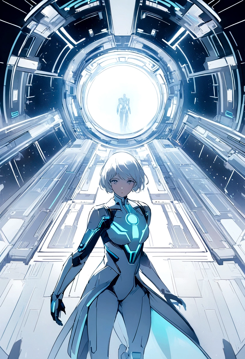 Generate an image similar to Disney's Tron, but with light only with the color white, a futuristic image that represents technology, that has a male character, I want a clean and minimalist image