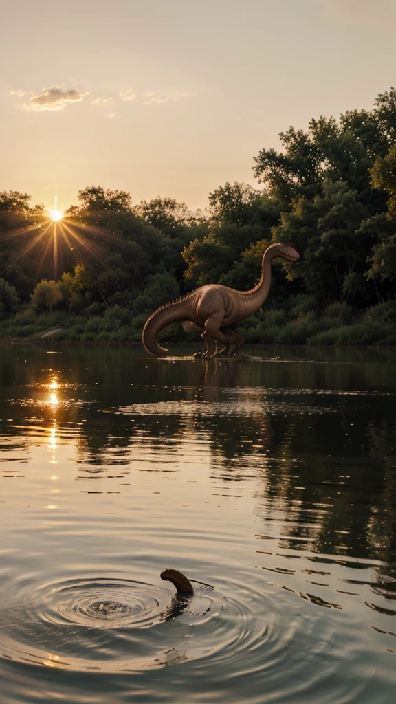 a dinosaur drinking water from a lake at sunset