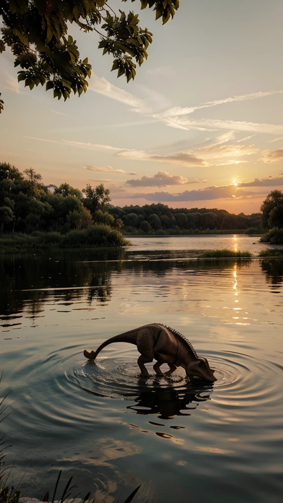 a dinosaur drinking water from a lake at sunset