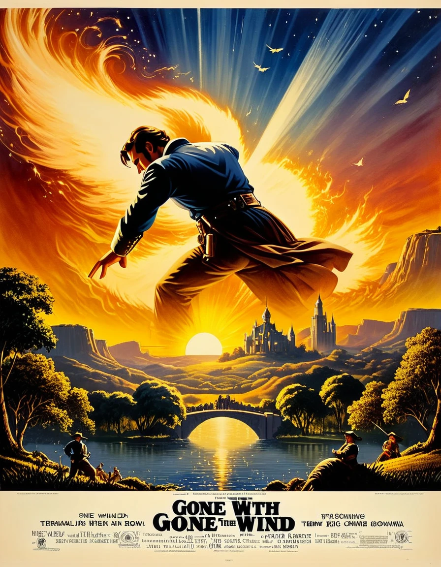 An image of a dynamic vintage movie poster for "Gone with the Wind," showcasing the epic scale of the film with a timeless and intricate design, employing classic Hollywood lighting techniques, detailed, realistic, HD, trending on ArtStation, in the style of Reynold Brown, Howard Terpning, and Bob Peak.