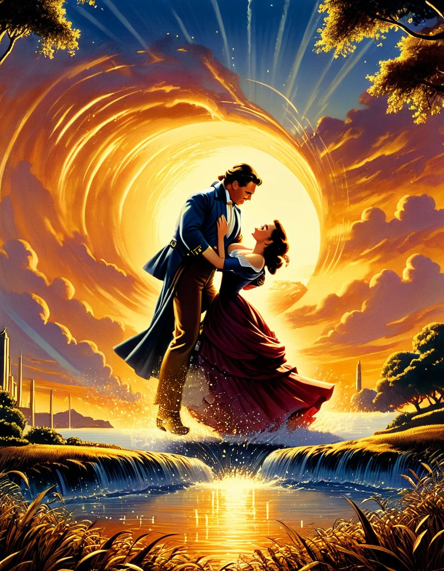 An image of a dynamic vintage movie poster for "Gone with the Wind," showcasing the epic scale of the film with a timeless and intricate design, employing classic Hollywood lighting techniques, detailed, realistic, HD, trending on ArtStation, in the style of Reynold Brown, Howard Terpning, and Bob Peak.