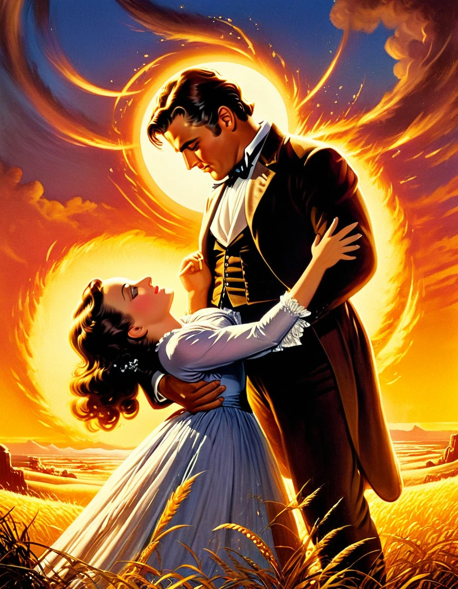 An image of a dynamic vintage movie poster for "Gone with the Wind," showcasing the epic scale of the film with a timeless and intricate design, employing classic Hollywood lighting techniques, detailed, realistic, HD, trending on ArtStation, in the style of Reynold Brown, Howard Terpning, and Bob Peak.