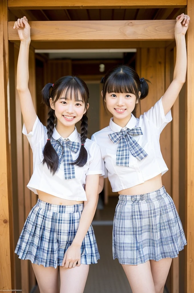 2 girls walking in wooden school classroom,white micro bikini,18-year-old,bangs,a little smile,thighs,knees,short hair with low pigtails bunches with plaid ribbon bow,from below,front light