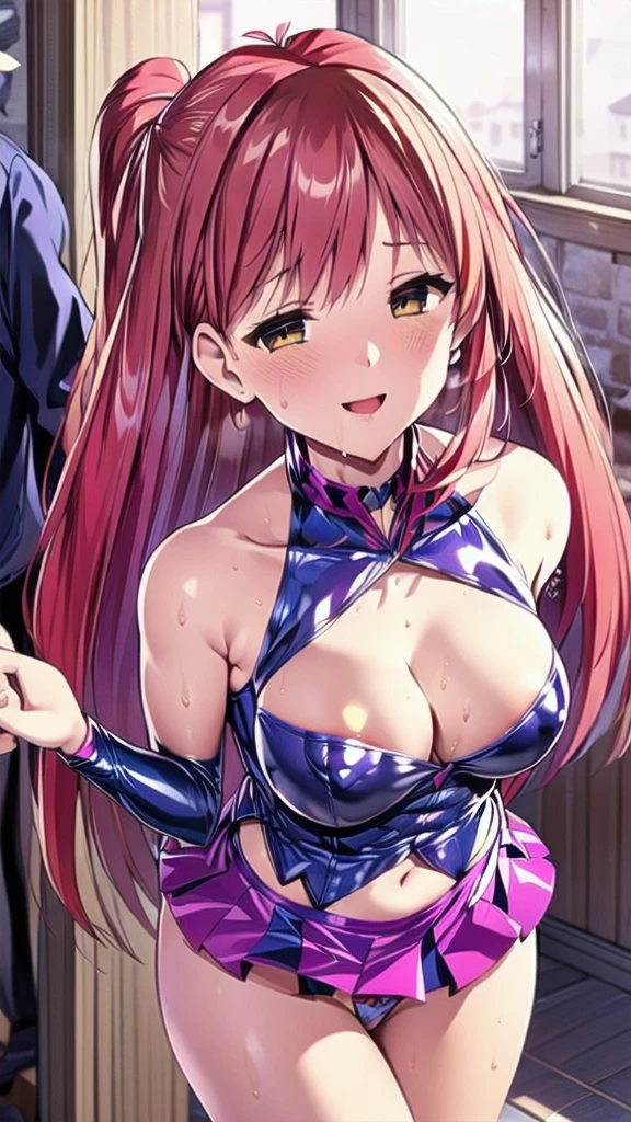 Very cute and beautiful cheerleader girl,(Very exquisite beautiful face and eyes:1.2),(Holding a pom-pom:1.2),(Laugh together),((Big Breasts))、((Sweating all over the body))
(Stadium Stand),Cowboy Shot,Dynamic pose,zettai ryouiki,(Orange sleeveless shirt),Beautiful legs,Skirt flip,White panties,Dynamic Angle,Redhead、Yellow headband、
(Highest quality,masterpiece:1.2),Intricate details,Very detailed,High resolution,1 Girl,Looking at the audience,
Natural light,Hair blowing in the wind,Beautifully detailed skies,