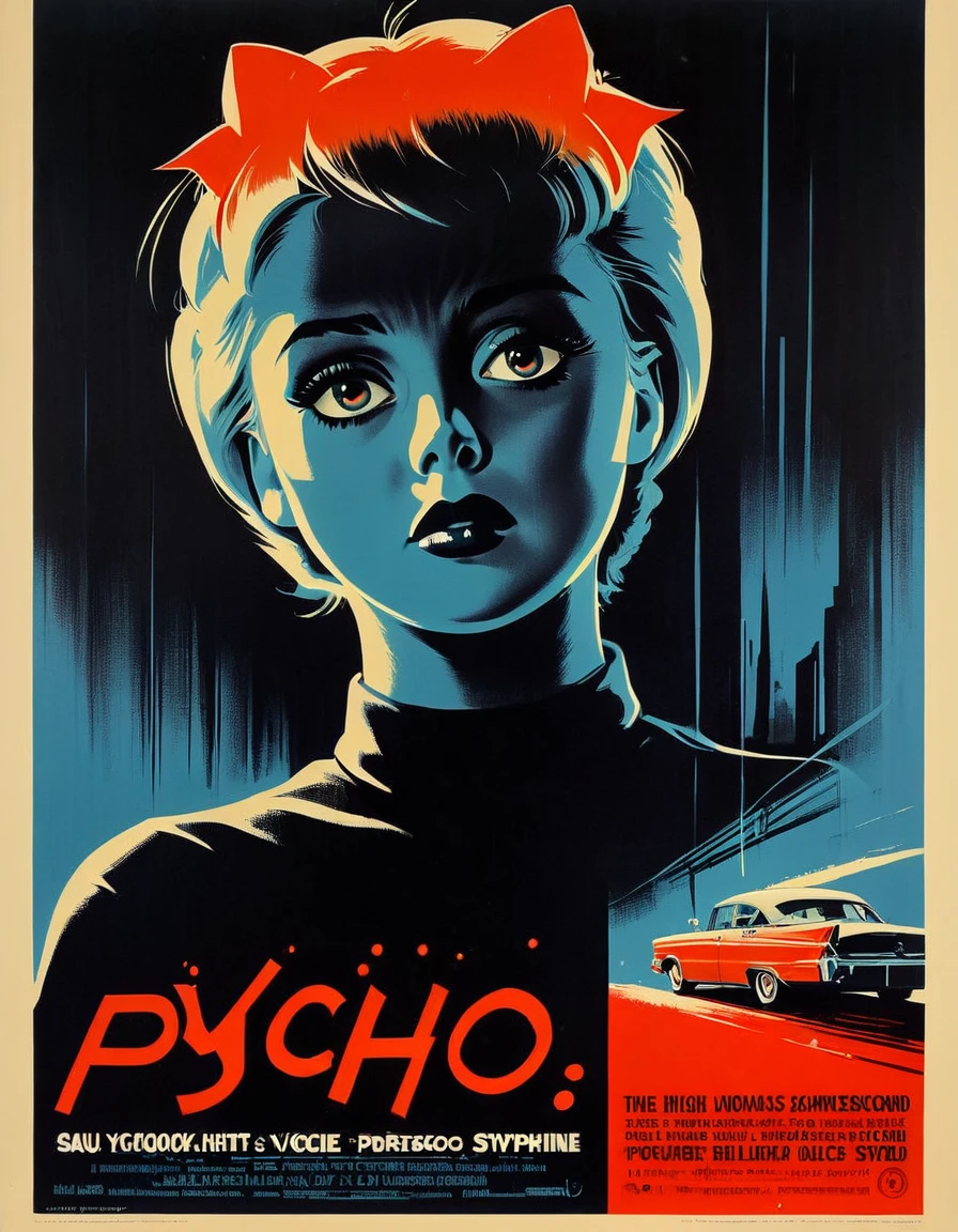 An image of a suspenseful vintage movie poster for Alfred Hitchcock's "Psycho," using a high-contrast lighting style to intensify the chilling atmosphere, detailed, realistic, HD, trending on ArtStation, in the style of Saul Bass, Bill Gold, and Robert McGinnis.