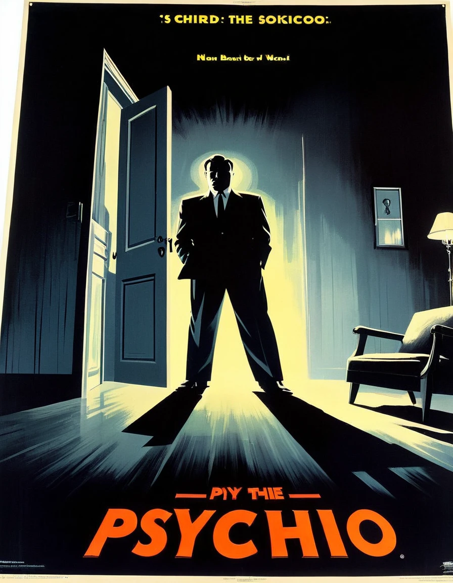 An image of a suspenseful vintage movie poster for Alfred Hitchcock's "Psycho," using a high-contrast lighting style to intensify the chilling atmosphere, detailed, realistic, HD, trending on ArtStation, in the style of Saul Bass, Bill Gold, and Robert McGinnis.
