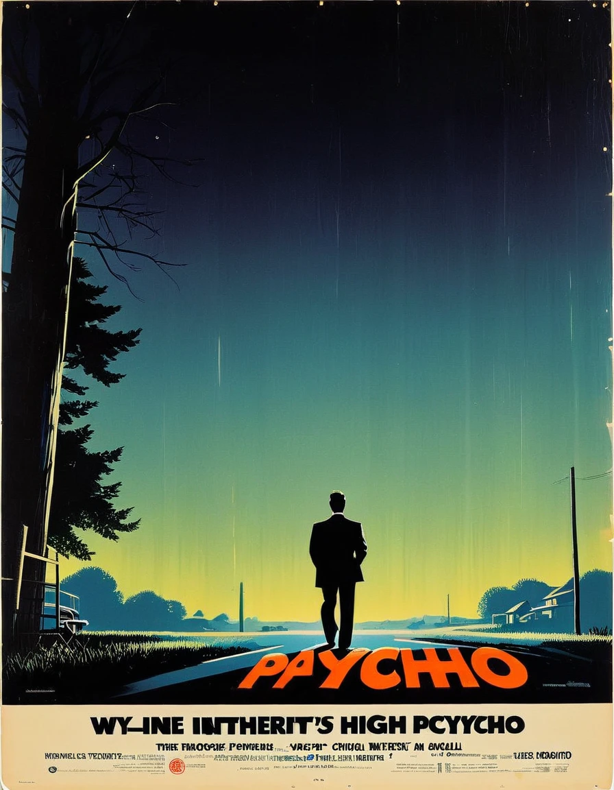 An image of a suspenseful vintage movie poster for Alfred Hitchcock's "Psycho," using a high-contrast lighting style to intensify the chilling atmosphere, detailed, realistic, HD, trending on ArtStation, in the style of Saul Bass, Bill Gold, and Robert McGinnis.