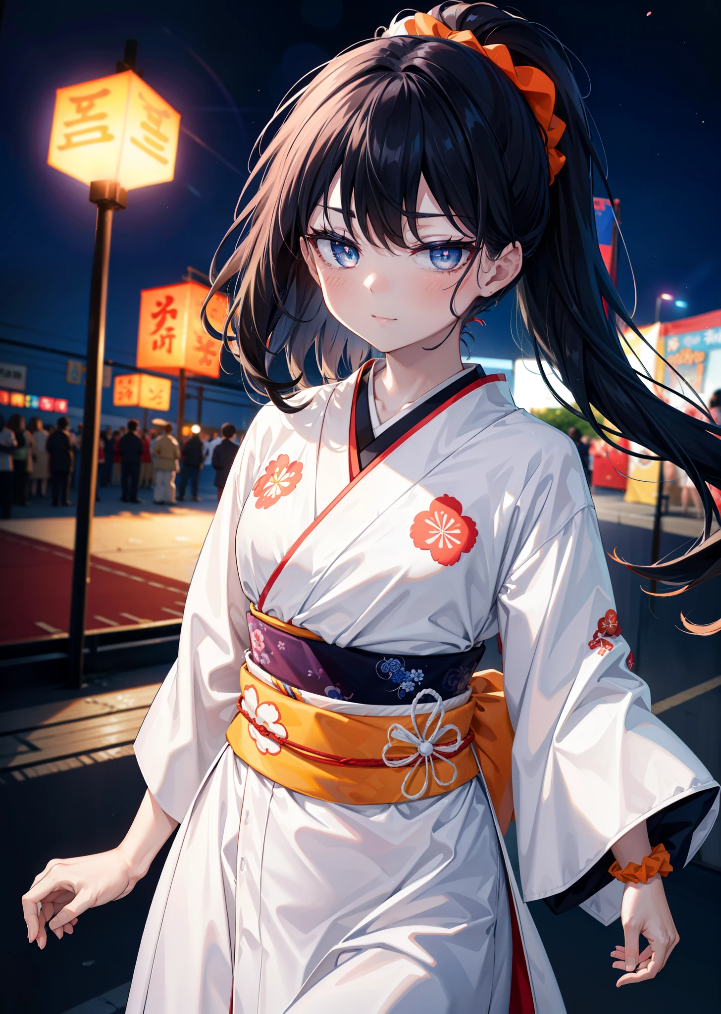 Takada Rokka, Black Hair, blue eyes, Long Hair, orange Scrunchie, Scrunchie, wrist Scrunchie, single hair band,White Kimono,Thick sleeves,日本のfestival,夏festivalの屋台,Red lantern,happy smile, smile, Open your mouth,Fireworks,The place is a fireworks display、Time is night,Walking,So that the whole body goes into the illustration,
break outdoors, festival,
break looking at viewer,Upper Body,(Cowboy Shot:1. 5),
break (masterpiece:1.2), Highest quality, High resolution, unity 8k wallpaper, (shape:0.8), (Fine and beautiful eyes:1.6), Highly detailed face, Perfect lighting, Highly detailed CG, (Perfect hands, Perfect Anatomy),