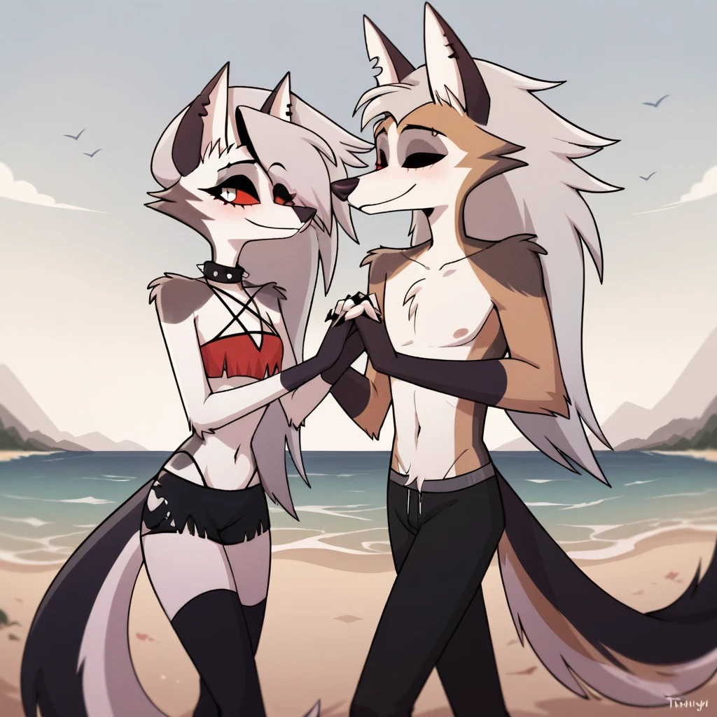 score_9, score_8_up, BREAK, source_anime, uncensored, perfect body, slim, thigh highs, fingerless gloves,
anthro, furry, pose, sexy,
Loona \(Helluva Boss\), NSFW, red swimsuit, bikini, head back, anthro male maned wolf with long spiked white hair and black face, black boxers, blushing, high detail, walking on beach, holding hands, smiling, open eyes, larger male, cuddling