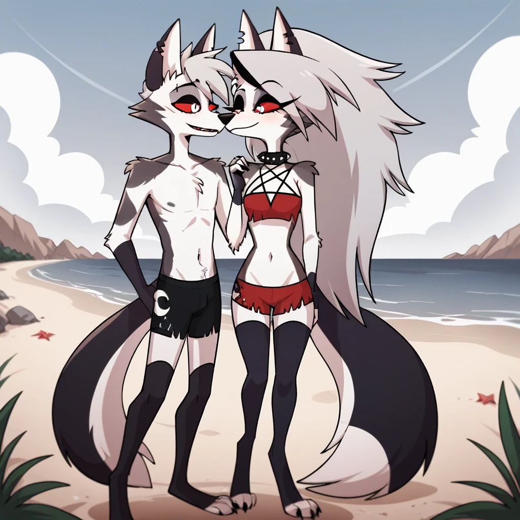 score_9, score_8_up, BREAK, source_anime, uncensored, perfect body, slim, thigh highs, fingerless gloves,
anthro, furry, pose, sexy,
Loona \(Helluva Boss\), NSFW, red swimsuit, bikini, head back, anthro male maned wolf with long spiked white hair and black face, black boxers, blushing, high detail, walking on beach, holding hands, smiling, open eyes, larger male, cuddling