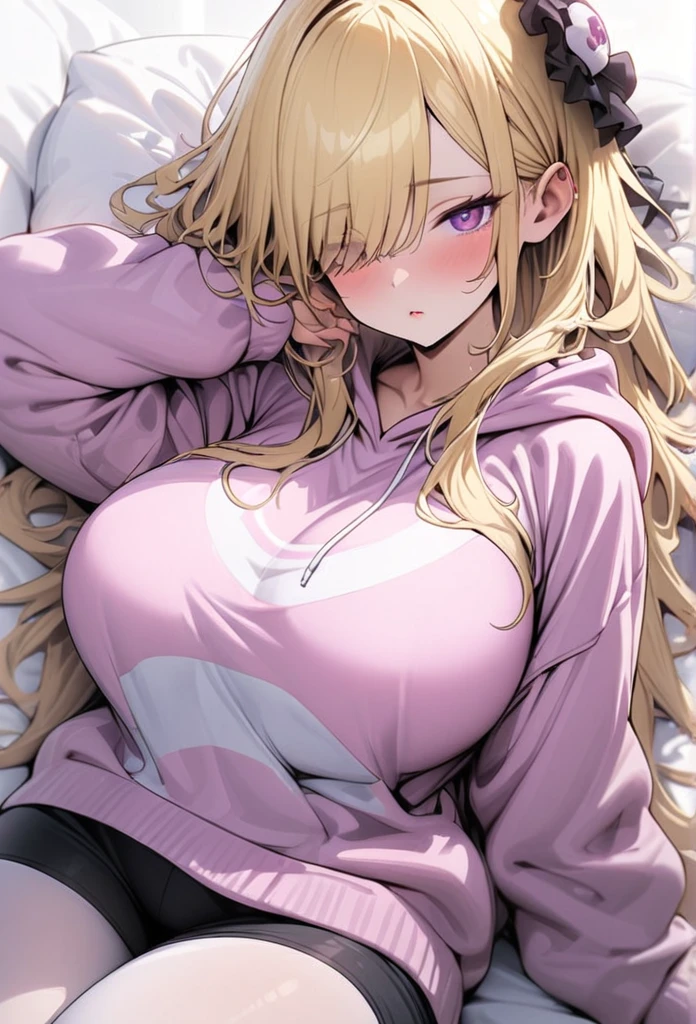 ((Best Quality)), ((Masterpiece)), (detailed), 1 girl, Pastel yellow hair, long hair, hair covers one eye, purple eyes, big breasts, big thighs, large pink hooded sweater, tight black shorts, small white tights, asleep, ojos cerrados