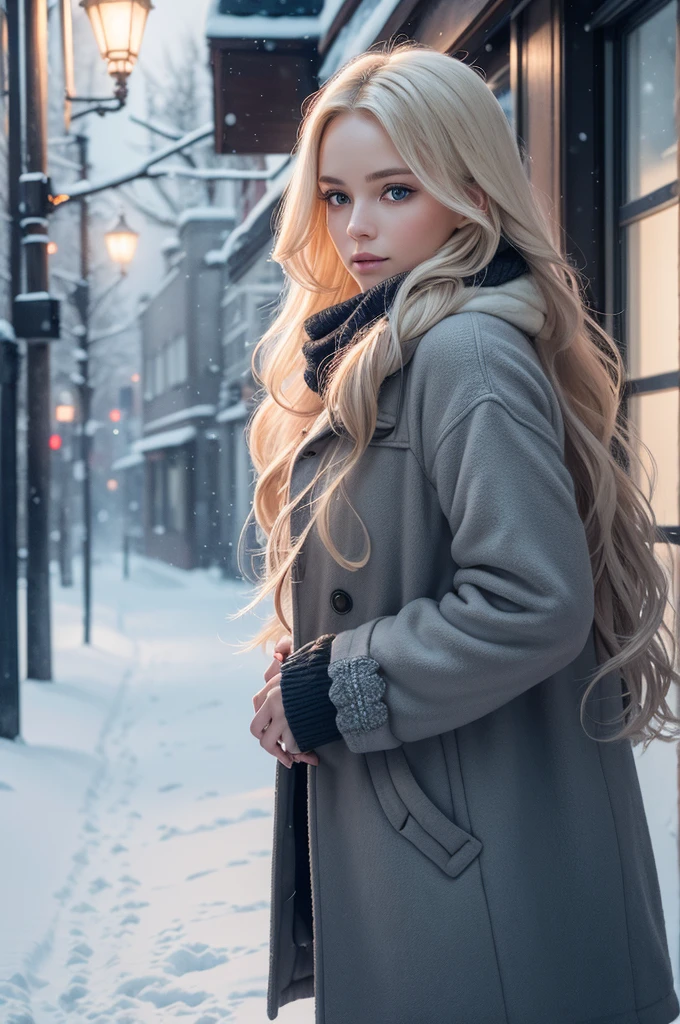 professional photography of a beautiful norwegian girl in winter clothes with long wavy blonde hair, sensual and seductive look, beautiful symmetrical face, beautiful natural makeup, wearing chic warm winter fashion clothing, ((standing outside on the snowy city street)), impressive modern urban environment, ultra realistic, conceptual artwork, chic, highy detailed, intricate, sharp focus, Depth of field, f/1. 8, 85 mm, medium shot, mid shot, (((professional color grading))), soft and bright diffused light, (Volumetric fog), Trends on Instagram, HD 4k, 8K