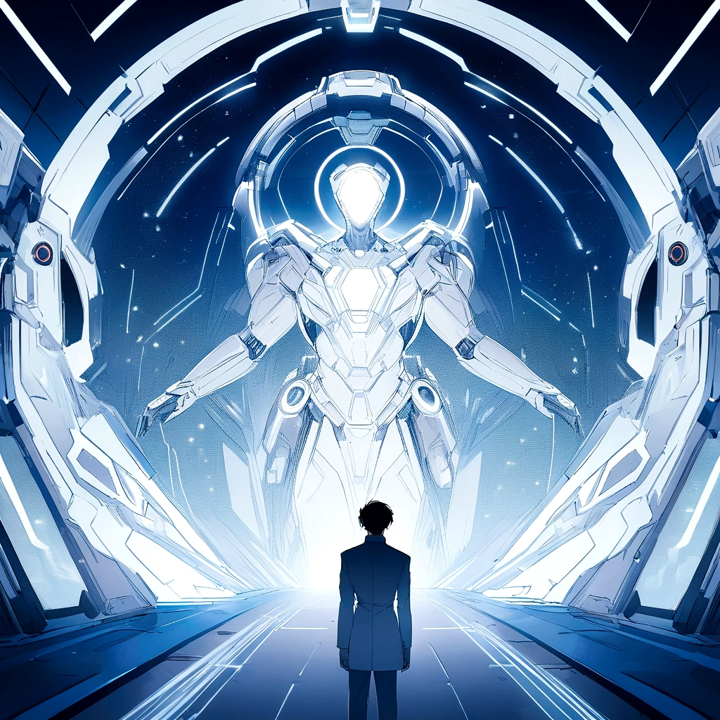 Generate an image similar to Disney's Tron, but with light only with the color white, a futuristic image that represents technology, that has a male character, I want a clean and minimalist image