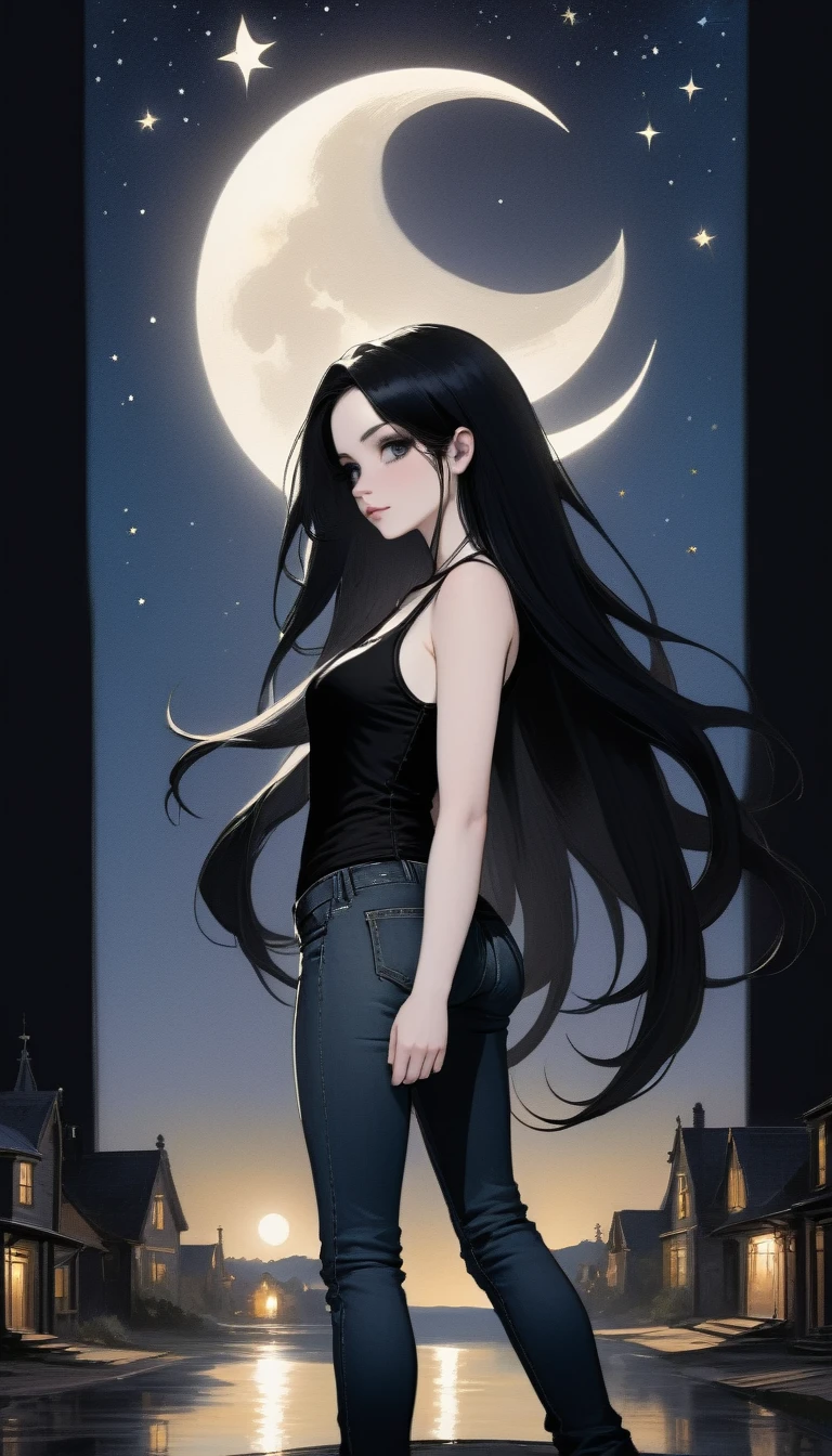 sexy gothic girl, long black straight hair, tight black tank top and jeans, small breasts, white pale skin tone, anj symbol,magic, fantastic, night sky, moon, stars, background, (simple oil painting in a style to Chris bachalo)

