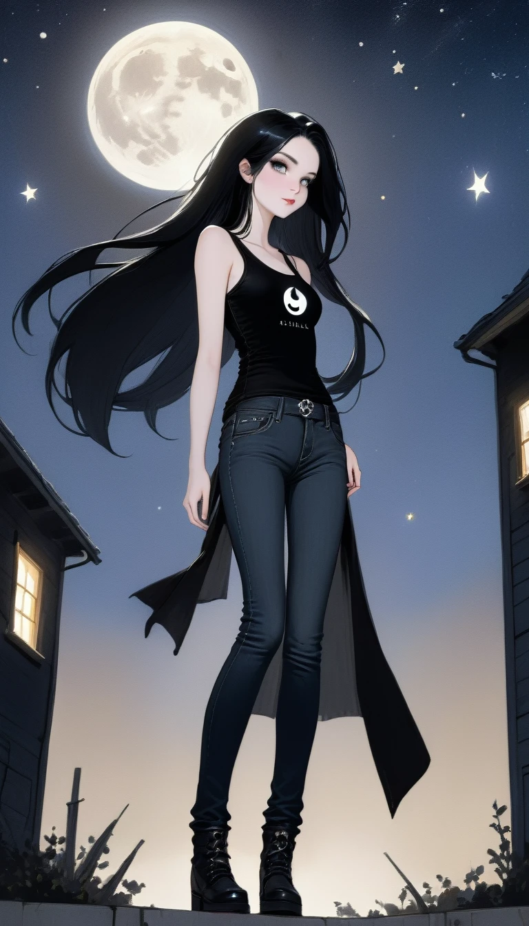 sexy gothic girl, long black straight hair, tight black tank top and jeans, small breasts, white pale skin tone, anj symbol,magic, fantastic, night sky, moon, stars, background, (simple oil painting in a style to Chris bachalo)
