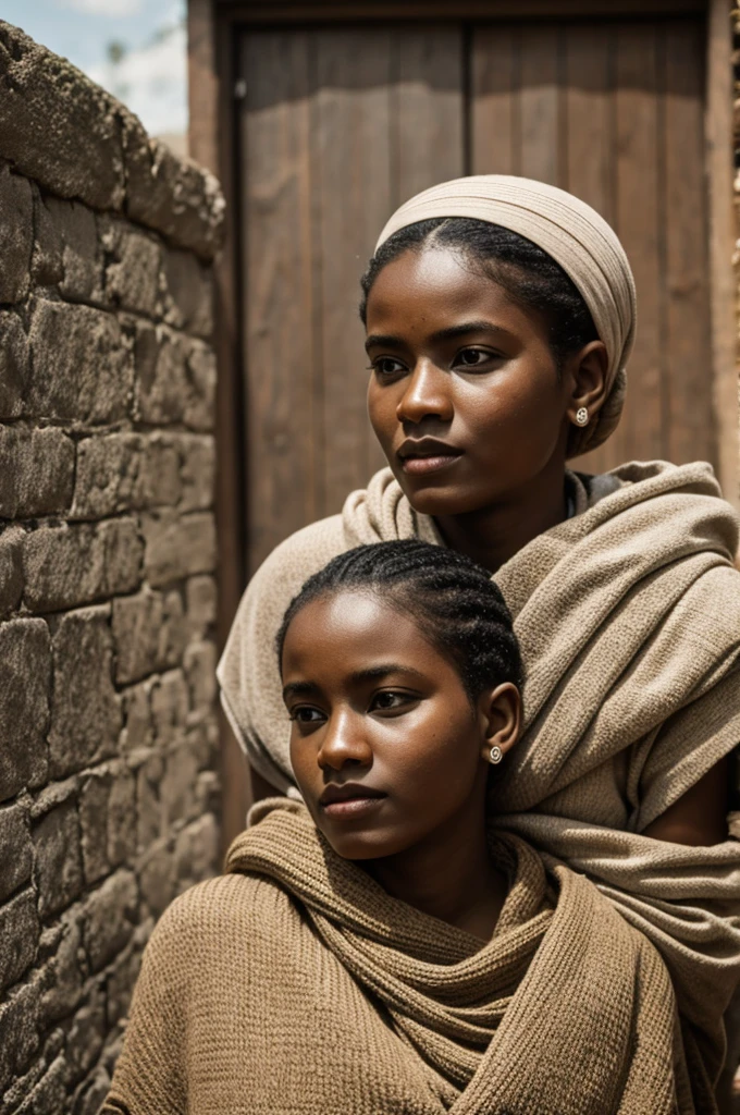 A poor age girl and her mother (wearing scarfs) , in front of their village home