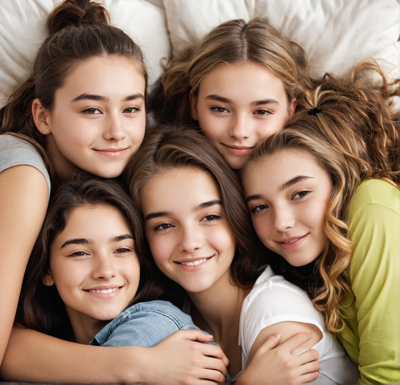 3 different cute teenagers cuddling together