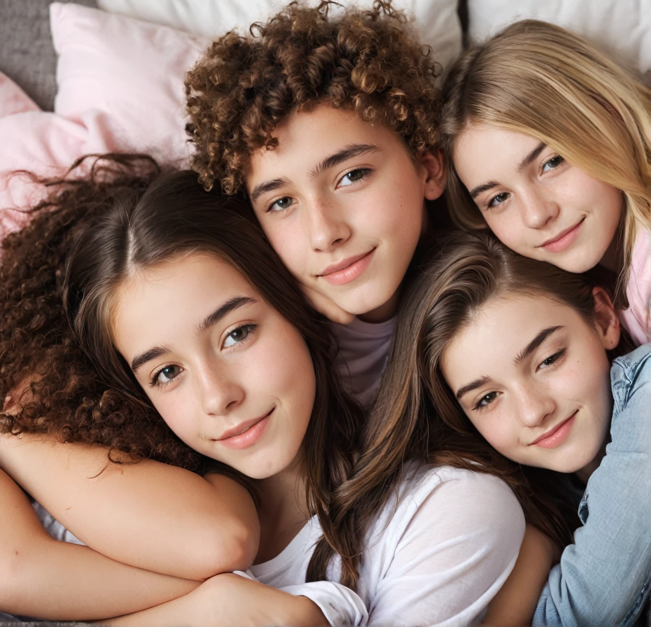 3 different cute teenagers cuddling together