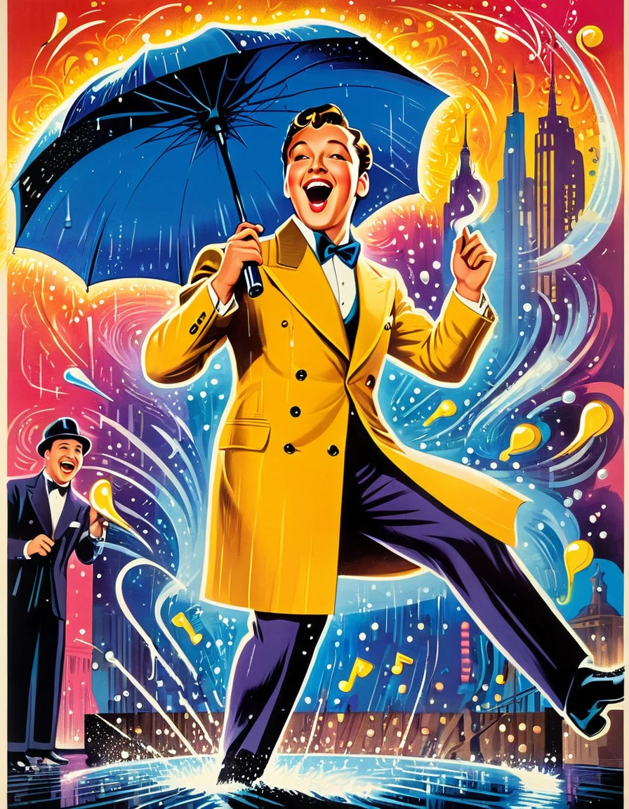 An image of a vibrant vintage movie poster for "Singin' in the Rain," capturing the joy and energy of the musical with a colorful and lively composition, detailed, realistic, HD, trending on ArtStation, in the style of Al Hirschfeld, Jack Davis, and Jean Mascii.