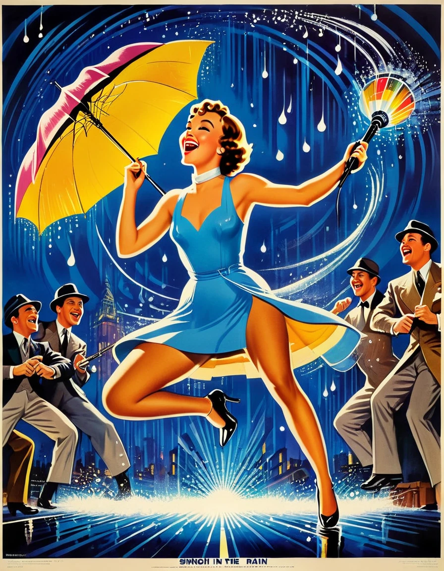 An image of a vibrant vintage movie poster for "Singin' in the Rain," capturing the joy and energy of the musical with a colorful and lively composition, detailed, realistic, HD, trending on ArtStation, in the style of Al Hirschfeld, Jack Davis, and Jean Mascii.