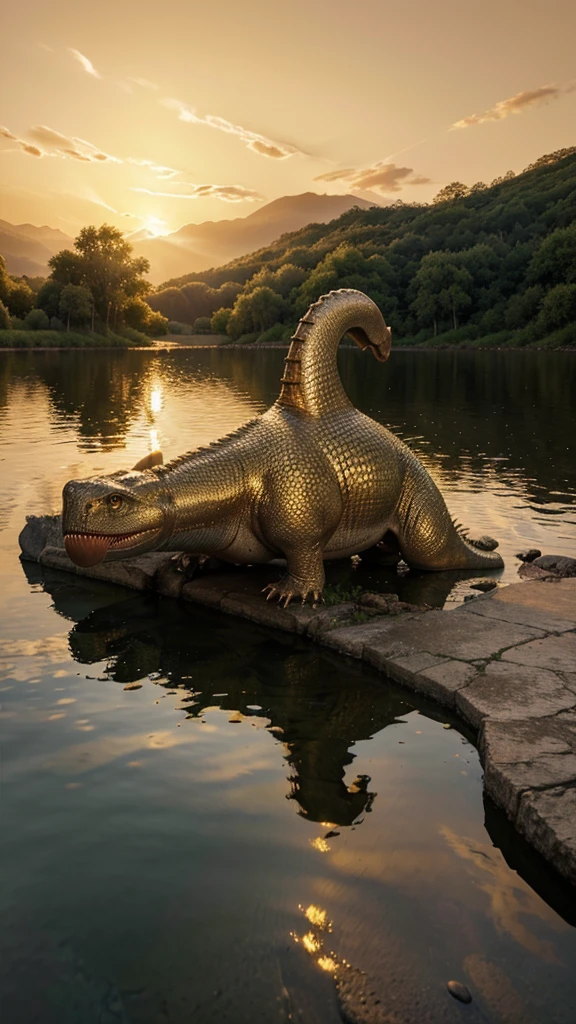 a massive prehistoric dinosaur drinking water from a serene lake at sunset, dramatic lighting, highly detailed, 8k, photorealistic, professional 3d render, cinematic atmosphere, glowing golden hour sky, realistic water reflections, detailed scales and textures, (extremely detailed:1.4), (photorealistic:1.5)