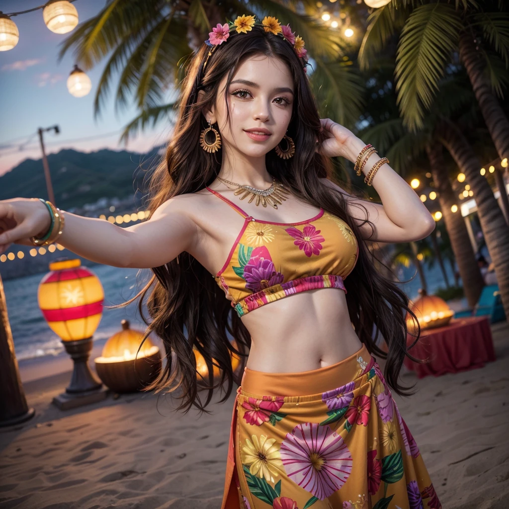 Create a vibrant and colorful image for the cover of the single "Ritmo de la Noche" by the Latin singer Valentina. The image should feature Valentina in a festive and tropical setting, reflecting the energy and passion of her music.

Setting: A beach at sunset with palm trees, hanging party lights, and a bonfire in the background. The sky should be in shades of orange, pink, and purple, creating a warm and welcoming atmosphere.

Valentina:

Appearance: A 25-year-old woman with long, wavy hair dyed a vibrant shade of red. She has a confident and radiant expression.
Outfit: Valentina is wearing a colorful and modern outfit that mixes traditional Latin elements with contemporary trends. It could be a crop top and skirt with tropical prints, or a light, flowy dress.
Accessories: Large, flashy earrings, colorful bracelets, and perhaps a flower in her hair for a tropical touch.
Position: Valentina is in the center of the image, in an animated dance pose, perhaps with one hand raised and a contagious smile.
Additional Elements:

Add musical notes and geometric patterns around Valentina to represent the fusion of Latin rhythms.
Include the title of the single "Ritmo de la Noche" in a stylized font, with warm colors like red, orange, and yellow to evoke a sense of fire and passion.
Use a vibrant color palette of red, orange, pink, and blue to capture the energy and liveliness of Latin music.
Incorporate tropical elements like exotic flowers, shells, and gentle waves to enhance the festive and tropical atmosphere.