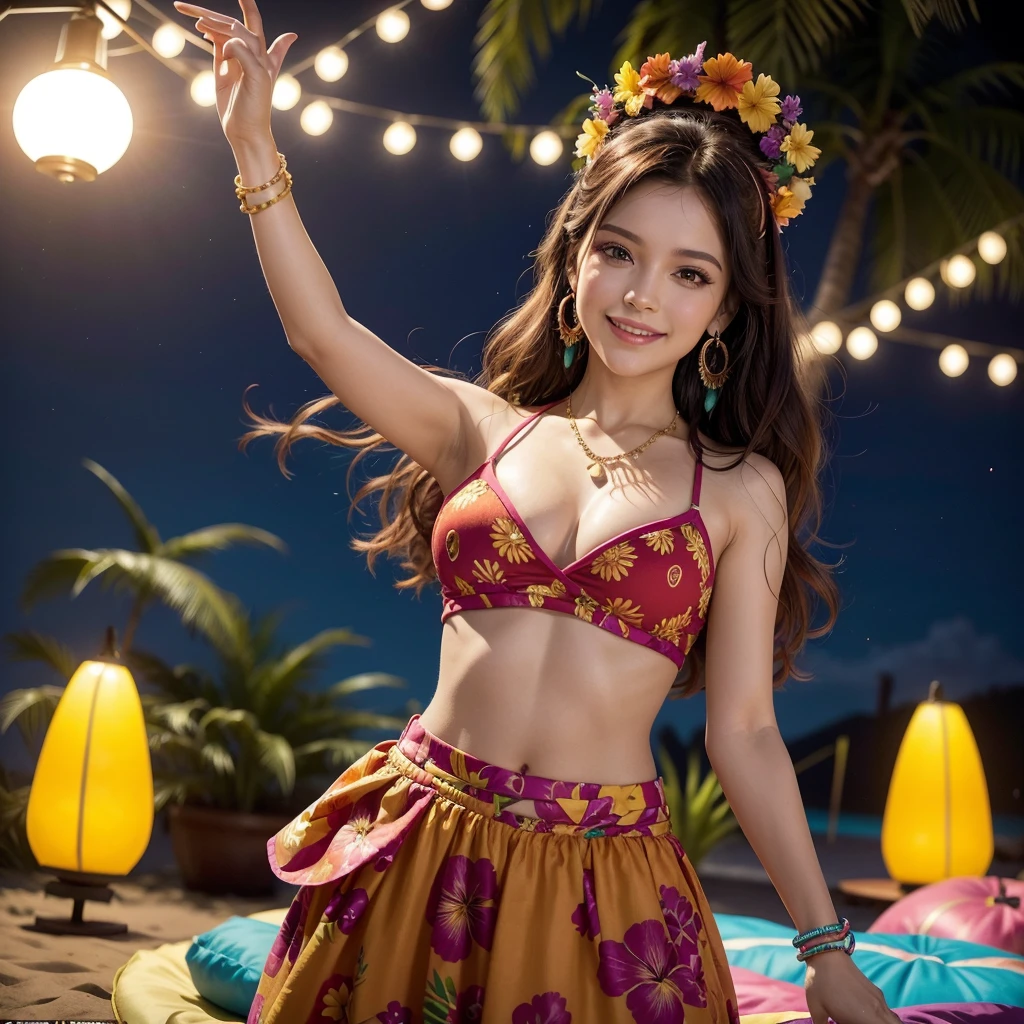 Create a vibrant and colorful image for the cover of the single "Ritmo de la Noche" by the Latin singer Valentina. The image should feature Valentina in a festive and tropical setting, reflecting the energy and passion of her music.
Setting: A beach at sunset with palm trees, hanging party lights, and a bonfire in the background. The sky should be in shades of orange, pink, and purple, creating a warm and welcoming atmosphere.
Valentina:
Appearance: A 25-year-old woman with long, wavy hair dyed a vibrant shade of red. She has a confident and radiant expression.
Outfit: Valentina is wearing a colorful and modern outfit that mixes traditional Latin elements with contemporary trends. It could be a crop top and skirt with tropical prints, or a light, flowy dress.
Accessories: Large, flashy earrings, colorful bracelets, and perhaps a flower in her hair for a tropical touch.
Position: Valentina is in the center of the image, in an animated dance pose, perhaps with one hand raised and a contagious smile.
Additional Elements:
Add musical notes and geometric patterns around Valentina to represent the fusion of Latin rhythms.
Include the title of the single "Ritmo de la Noche" in a stylized font, with warm colors like red, orange, and yellow to evoke a sense of fire and passion.
Use a vibrant color palette of red, orange, pink, and blue to capture the energy and liveliness of Latin music.
Incorporate tropical elements like exotic flowers, shells, and gentle waves to enhance the festive and tropical atmosphere.