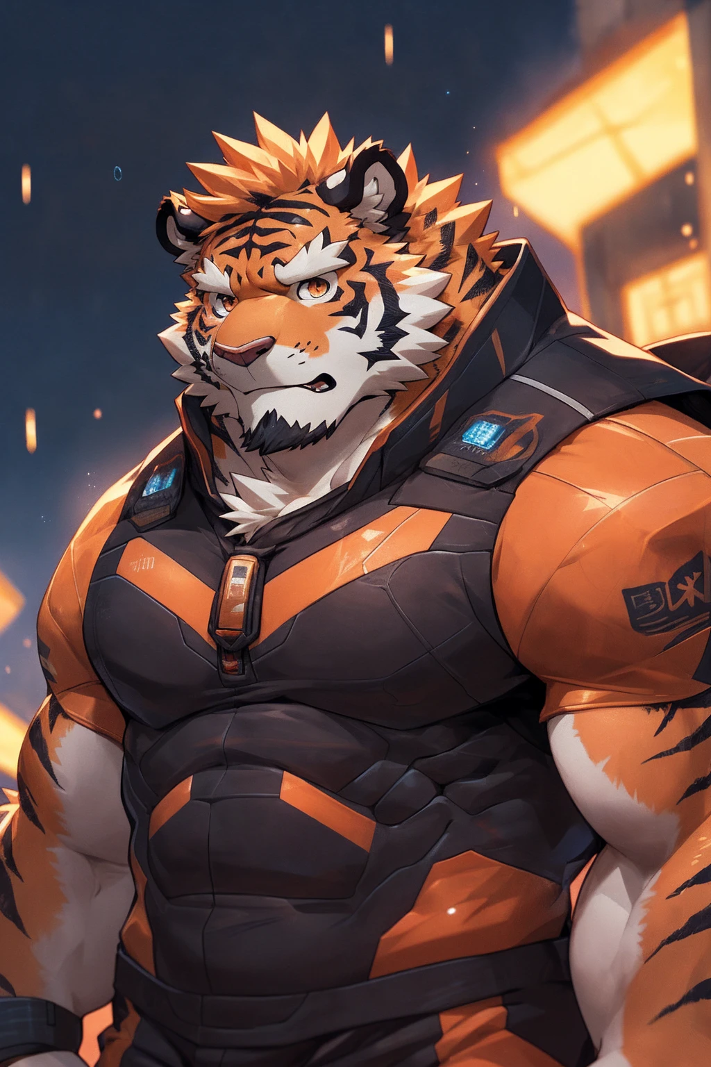 human nature, Wildlife, male,36 years old，Uncle， solitary, ((Round Face, The face is plump,Orange eyes,Thick orange hair，With scars)), ((Endomorph, Handsome，Hot Blood)), （Mecha suit，No electricity，exhaustion), ((domestic tiger, tiger，) Fluffy fur, Fluffy), Bokeh, (high quality, high resolution, masterpiece), (Dynamic Lighting, Vibrant colors), (Revitalize，harm，Disdain), Full body picture (close up), cartoon, author：Takemoto Arashi, From zixiong, By Chunni, author：Empty Ghost，（background：Rainy forest）