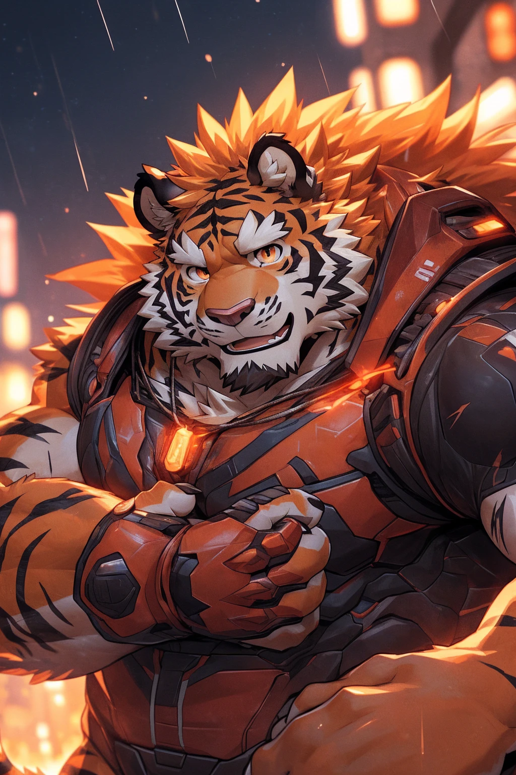 human nature, Wildlife, male,36 years old,Uncle, solitary, ((Round Face, The face is plump,Orange eyes,Thick orange hair,With scars)), ((Endomorph, Handsome,Hot Blood)), (Mecha suit,No electricity,exhaustion), ((domestic tiger, tiger,) Fluffy fur, Fluffy), Bokeh, (high quality, high resolution, masterpiece), (Dynamic Lighting, Vibrant colors), (Revitalize,harm,Disdain), Full body picture (close up), cartoon, author:Takemoto Arashi, From zixiong, By Chunni, author:Empty Ghost,(background:Rainy forest)