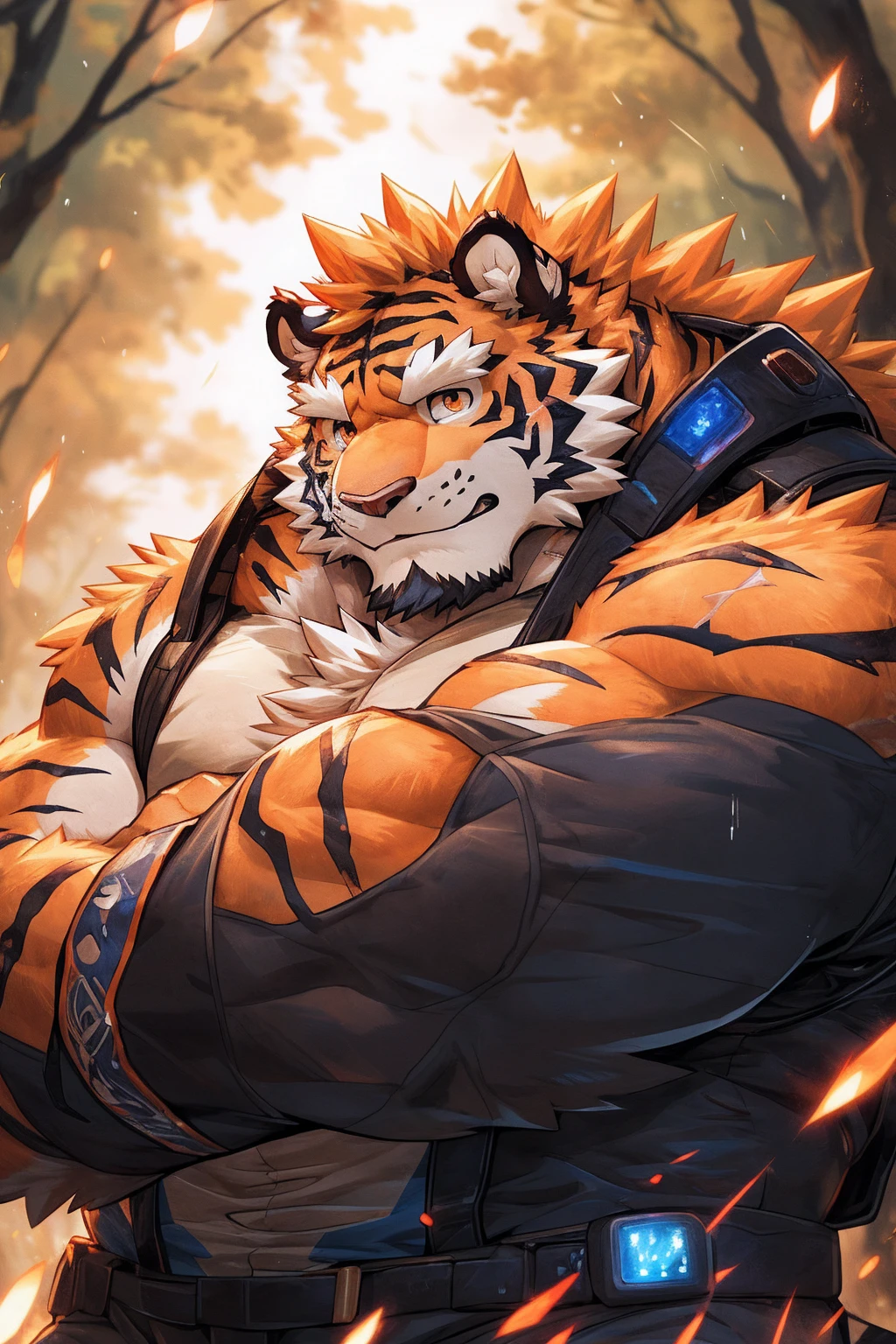 human nature, Wildlife, male,36 years old，Uncle， solitary, ((Round Face, The face is plump,Orange eyes,Thick orange hair，With scars)), ((Endomorph, Handsome，Hot Blood)), （Mecha suit，No electricity，exhaustion), ((domestic tiger, tiger，) Fluffy fur, Fluffy), Bokeh, (high quality, high resolution, masterpiece), (Dynamic Lighting, Vibrant colors), (Revitalize，harm，Disdain), Full body picture (close up), cartoon, author：Takemoto Arashi, From zixiong, By Chunni, author：Empty Ghost，（background：Rainy forest）