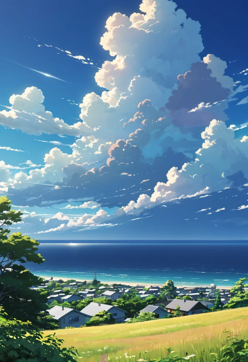 (((Makoto Shinkai))),Summer in the countryside, midsummer, incoming clouds and trees, sea and residential area in the distance, high brightness, high saturation, high contrast, 8KHDR