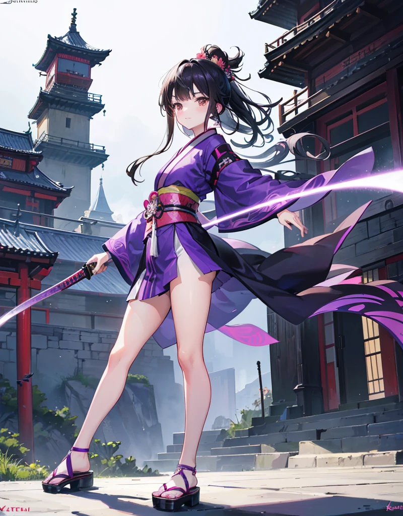 Young girl with black hair, brown eyes and olive skin, innocent and happy, wearing neon purple samurai kimono and sandals, weilding katana, fullbody, medieval castle background, athletic