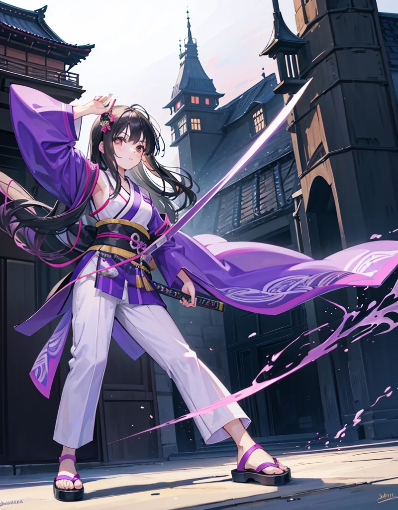 Young girl with black hair, brown eyes and olive skin, innocent and happy, wearing neon purple samurai kimono and sandals, weilding katana, fullbody, medieval castle background, athletic