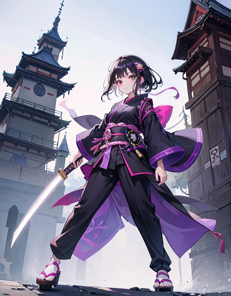 Young girl with black hair, brown eyes and olive skin, innocent and happy, wearing neon purple samurai kimono and sandals, weilding katana, fullbody, medieval castle background, athletic