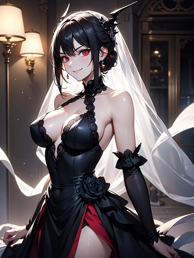 black hair, (solo), (black victorian dress), (smirk), red eyes, pale skin, (pale), ((dark aura)), ((fiendish aura)), indoors, large breasts, ((dark energy aura)), one bare shoulder, ((shoulder is cracked))