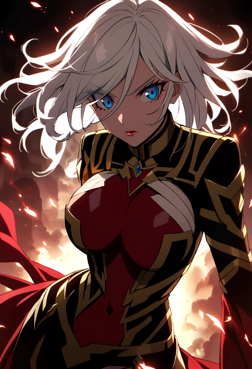 Tokyo revenger anime woman, short white hair, blue eyes, uniform in red tones, black and gold, with bandage on the breasts, 