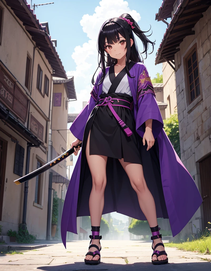 Young girl with black hair, brown eyes and olive skin, innocent and happy, wearing neon purple samurai kimono and sandals, weilding katana, fullbody, medieval castle background, athletic