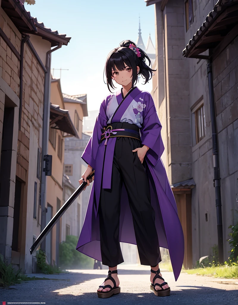 Young girl with black hair, brown eyes and olive skin, innocent and happy, wearing neon purple samurai kimono and sandals, weilding katana, fullbody, medieval castle background, athletic