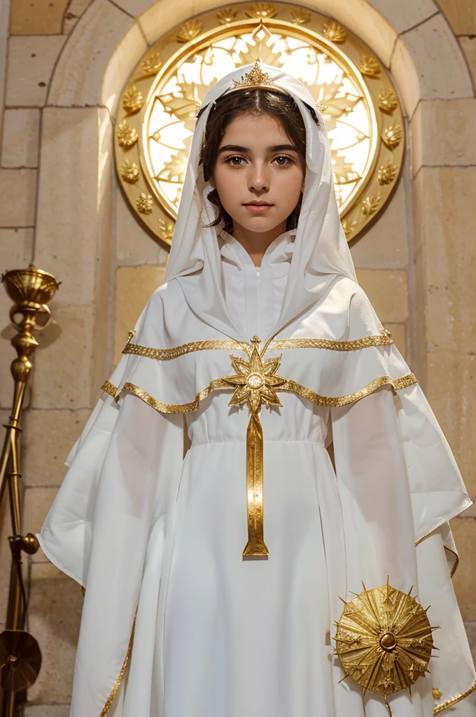 Our Lady of Fátima, an 18-year-old girl of Portuguese origin, surrounded by dazzling light, her dress with a pure whiteness, as well as the mantle decorated with gold, which covered her head and a large part of her body, a heart wrapped in thorns and live flowers