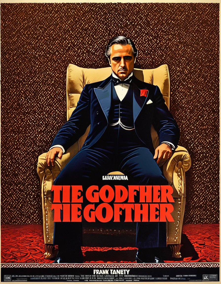 An image of a striking vintage movie poster for "The Godfather," exuding power and sophistication with a classic and timeless aesthetic, detailed, realistic, HD, trending on ArtStation, in the style of Frank McCarthy, Bob Peak, and Robert Tanenbaum.