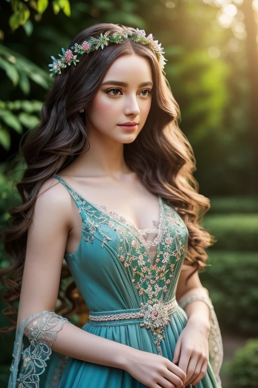 a beautiful doll with long curly hair below the waist, porcelain skin, delicate facial features, wearing a detailed ornate dress, standing in a lush garden, (best quality,4k,8k,highres,masterpiece:1.2),ultra-detailed,(realistic,photorealistic,photo-realistic:1.37),intricate details,HDR,UHD,studio lighting,extremely detailed eyes and face,longeyelashes,detailed flowers,detailed foliage,vibrant colors,cinematic lighting,dramatic shadows,elegant,whimsical