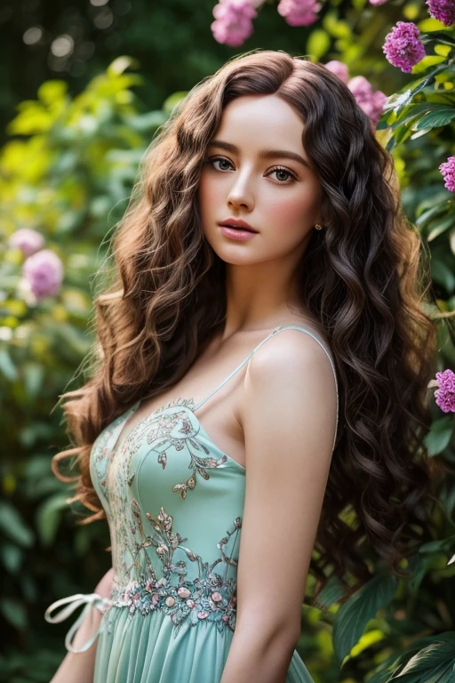 a beautiful doll with long curly hair below the waist, porcelain skin, delicate facial features, wearing a detailed ornate dress, standing in a lush garden, (best quality,4k,8k,highres,masterpiece:1.2),ultra-detailed,(realistic,photorealistic,photo-realistic:1.37),intricate details,HDR,UHD,studio lighting,extremely detailed eyes and face,longeyelashes,detailed flowers,detailed foliage,vibrant colors,cinematic lighting,dramatic shadows,elegant,whimsical