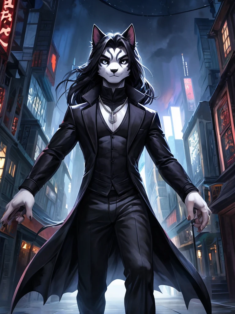 Ross Tran, ruan jia, trending on artstation, Male, (Male anthro cat:1.3), (Black fur with white fur patterns:1.1), (walking towards viewer:1.3), (Foggy night city:1.23), (Blank expression:1.3), detailed eyes, black nose, (detailed eyes), (sharp white eyes), detailed background, 8k hd, (dark shadows, wide dynamic range, hdr, low light:1.2), (Skinny physique), slight black eyeshadow, (Long wavy black hair), (black long coat, black turtleneck, silver necklace, black dress pants), ((Gothic)), dynamic pose, Facial close-up