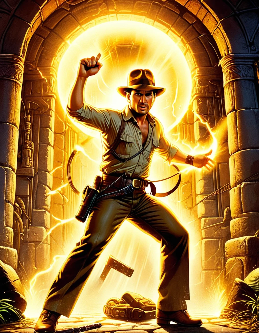 An image of an adventurous vintage movie poster for "Indiana Jones: Raiders of the Lost Ark," featuring an action-packed scene with dynamic lighting, detailed, realistic, HD, trending on ArtStation, in the style of Richard Amsel, Richard Hescox, and John Solie.