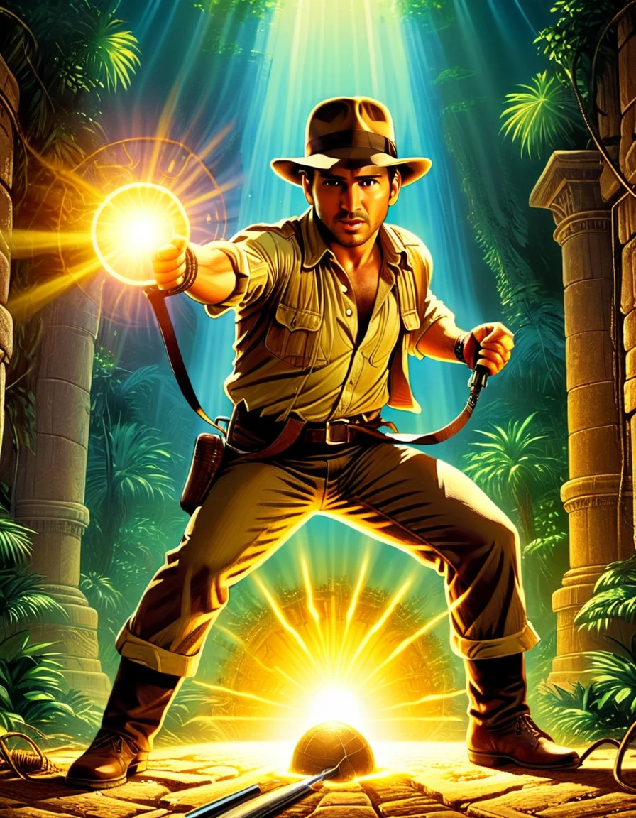 An image of an adventurous vintage movie poster for "Indiana Jones: Raiders of the Lost Ark," featuring an action-packed scene with dynamic lighting, detailed, realistic, HD, trending on ArtStation, in the style of Richard Amsel, Richard Hescox, and John Solie.