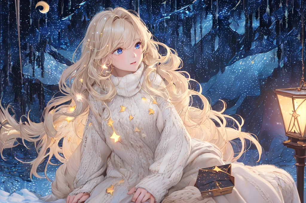 ((Finest quality)),(超A high resolution),(Ultra-detail),(Meticulous portrayal),((Best CG)),(Finest works of art),Ultra-Precision Art,The art of astounding depiction, (Cold air in winter:1.8,),(night sky full of stars:1.8),shooting stars:1.3, (One woman:1.5),Looking up at the starry sky:1.5,knitted sweater,long skirt, (wavy flaxen hair) ,Beautiful light blue eyes