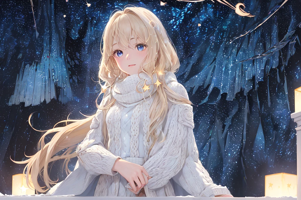 ((Finest quality)),(超A high resolution),(Ultra-detail),(Meticulous portrayal),((Best CG)),(Finest works of art),Ultra-Precision Art,The art of astounding depiction, (Cold air in winter:1.8,),(night sky full of stars:1.8),shooting stars:1.3, (One woman:1.5),Looking up at the starry sky:1.5,knitted sweater,long  skirt, (wavy flaxen hair) ,Beautiful light blue eyes