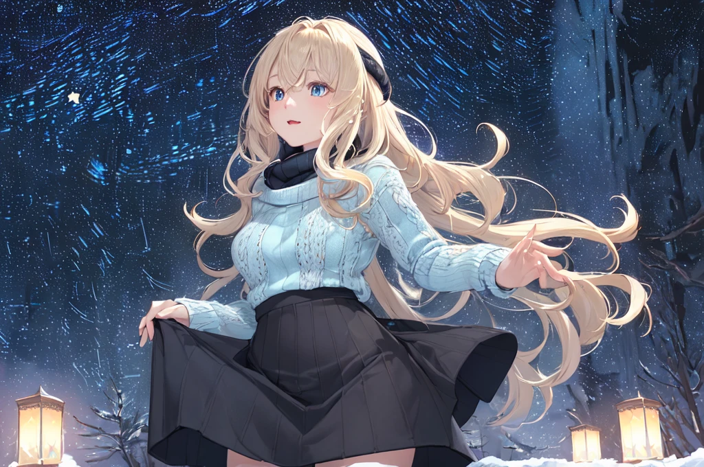((Finest quality)),(超A high resolution),(Ultra-detail),(Meticulous portrayal),((Best CG)),(Finest works of art),Ultra-Precision Art,The art of astounding depiction, (Cold air in winter:1.8,),(night sky full of stars:1.8),shooting stars:1.3, (One woman:1.5),Looking up at the starry sky:1.5,knitted sweater,long  skirt, (wavy flaxen hair) ,Beautiful light blue eyes