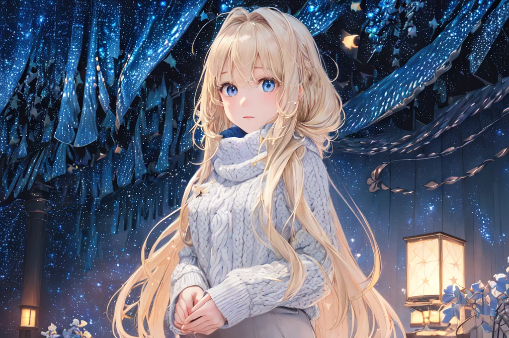 ((Finest quality)),(超A high resolution),(Ultra-detail),(Meticulous portrayal),((Best CG)),(Finest works of art),Ultra-Precision Art,The art of astounding depiction, (Cold air in winter:1.8,),(night sky full of stars:1.8),shooting stars:1.3, (One woman:1.5),Looking up at the starry sky:1.5,knitted sweater,long  skirt, (wavy flaxen hair) ,Beautiful light blue eyes